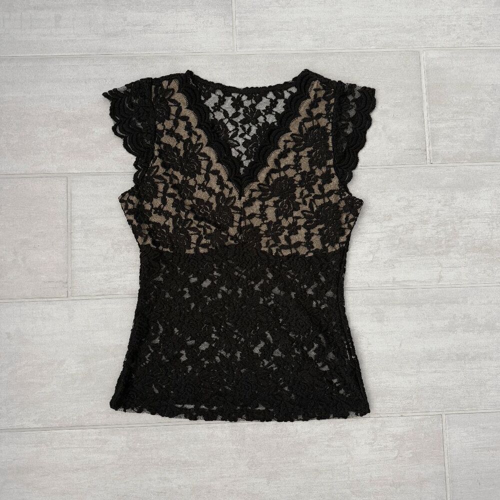 Black Lace Blouse Sleeveless Top Sheer Bust Lining Stretch Small V Neck Ruffle